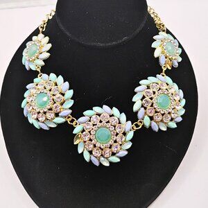 Vintage Womens Gold Tone Chunky Crystal Enamel Statement Necklace Floral Flower